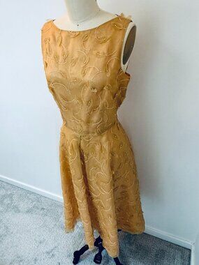 Talbots Silk Tan Organza Fit & Flare Midi Dress with applique and bead detail- 8